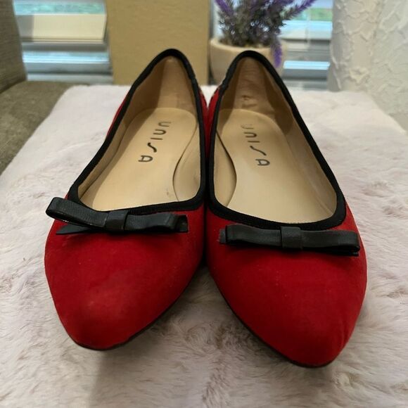 Unisa Classic Ballet Flats Red Suede Black Patent Leather Bow Plaid Back SZ 7.5 - Picture 2 of 6